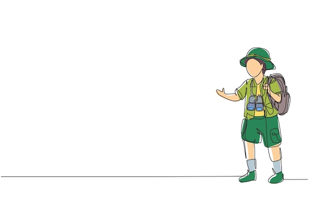Vecteur un seul dessin de ligne garçon portant une tenue de safari complète avec un chapeau portant un sac drapant des jumelles