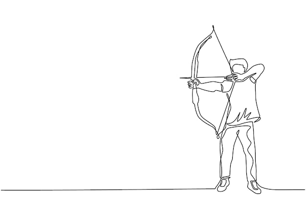 Vecteur un seul dessin en ligne homme avec arc et flèche homme tenant l'arc et la flèche visant à tirer archer avec arc et fleche isolé partie de l'ensemble dessin en ligne continue illustration vectorielle graphique