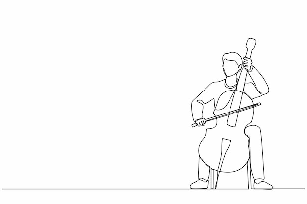 Vecteur un seul dessin d'une ligne jeune artiste masculin jouant de la contrebasse violoncelliste homme jouant du violoncelle