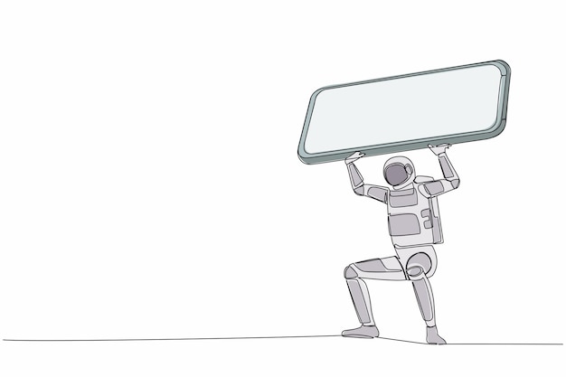 Un seul dessin d'une ligne d'un jeune astronaute portant un smartphone lourd sur son dos design graphique vectoriel