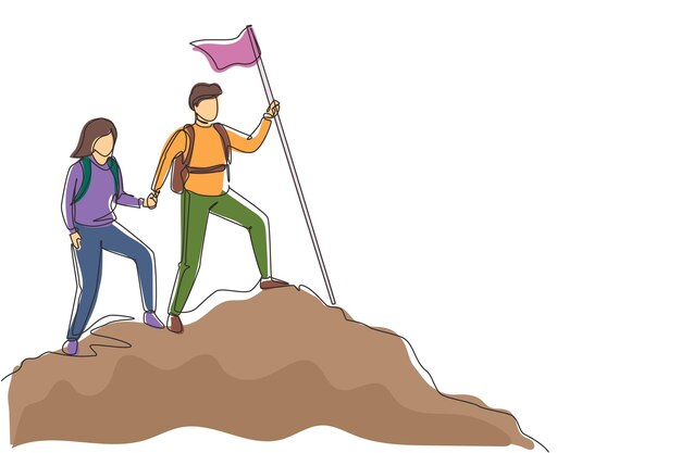 Vecteur un seul dessin d'une ligne un jeune couple un homme une femme des randonneurs des touristes des routards sur la colline avec le vecteur du drapeau