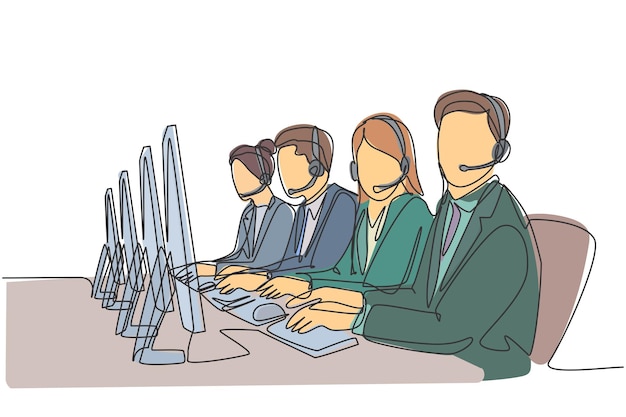 Un seul groupe de dessin au trait composé d'hommes et de femmes de l'équipe du service client répond à un appel téléphonique de plainte