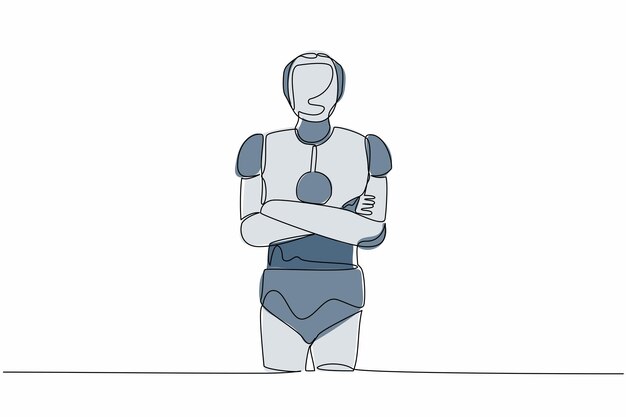 Un seul robot de dessin en ligne continue debout avec le poing serré le bras croisé vecteur de conception du geste