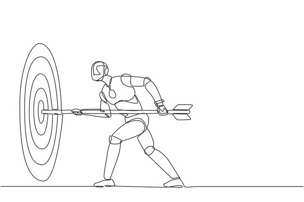 Vecteur un seul robot de dessin en ligne continue tient la flèche à la main pour cibler le vecteur de conception de l'objectif de réalisation