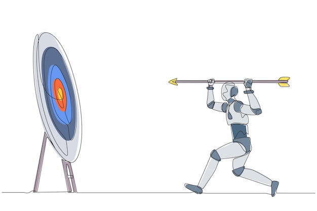 Un seul robot de dessin à une ligne pointe une grande flèche sur la cible Réalisation de l'objectif Technologie future