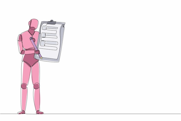 Un seul robot de dessin à une ligne tenant un bloc-notes avec une liste de contrôle Illustration de la technologie future