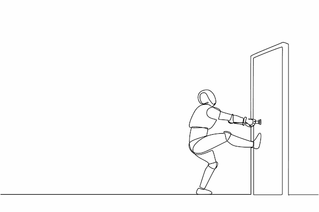 Un seul robot de dessin à une ligne tirant la poignée de la porte fermée avec de l'énergie Illustration de la technologie future