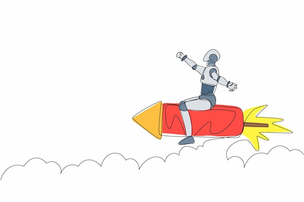 Un seul robot de dessin à une ligne volant haut à cheval fusée de feux d'artifice développement technologique futur processus d'apprentissage automatique d'intelligence artificielle conception de lignes continues illustration vectorielle graphique