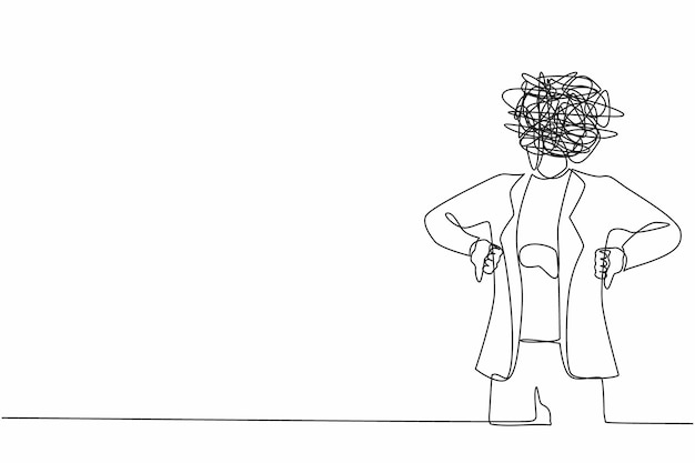 Une seule femme d'affaires dessinant une ligne continue avec des griffonnages ronds au lieu d'un vecteur de conception de tête