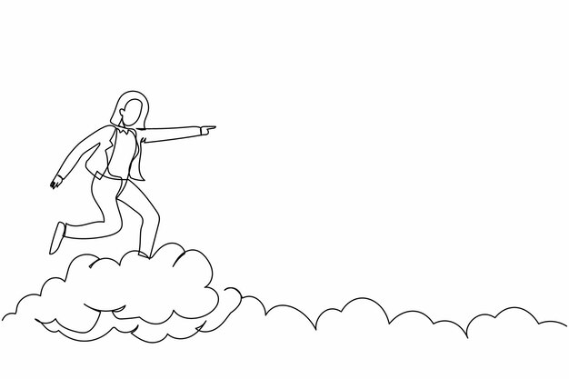 Une seule ligne continue dessinant une femme d'affaires prospère chevauchant un nuage pointant vers l'avenir