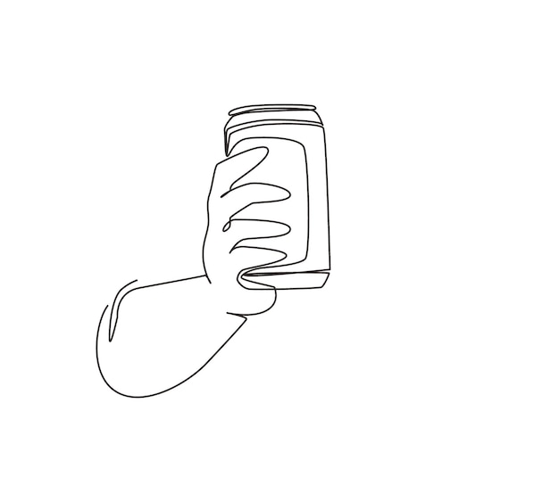 Une seule ligne continue dessinant la main tenant une boîte d'aluminium peut boire sans étiquettes vectorielles.