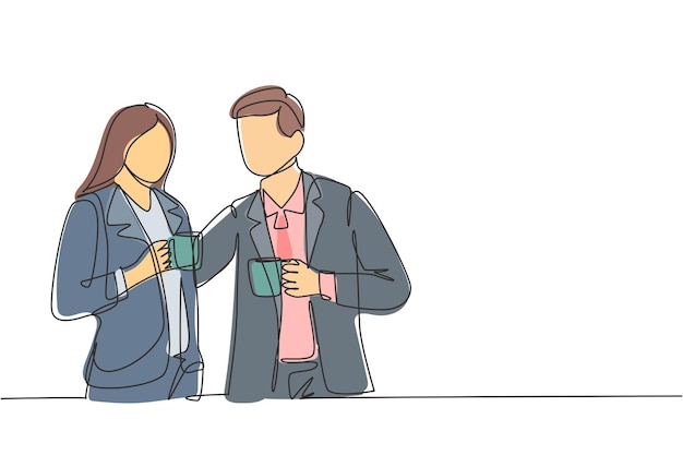 une seule ligne dessinant des employés de bureau, hommes et femmes, posent tout en tenant une tasse de café vecteur