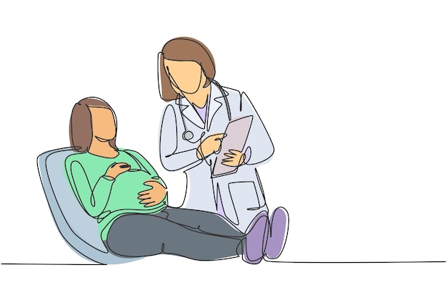 Une Seule Ligne Dessinant Une Femme Médecin En Obstétrique Parlant Au Patient Et Expliquant L'état De L'utérus