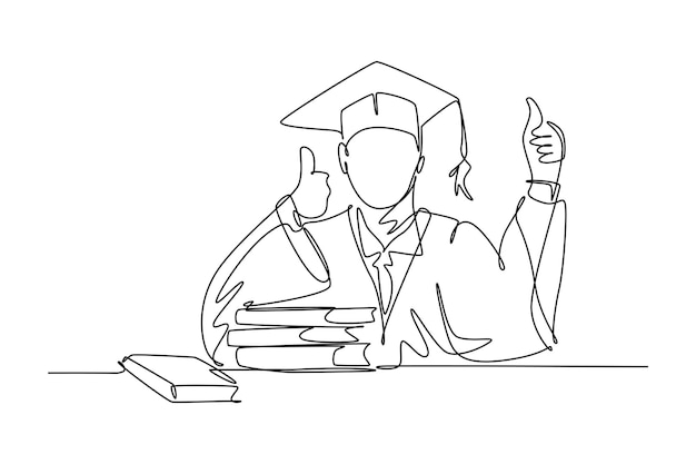 Vecteur une seule ligne dessinant un jeune étudiant heureux diplômé, portant un uniforme de remise des diplômes, donnant le pouce levé, un geste devant la pile de livres. ligne continue, dessin, conception, illustration vectorielle graphique