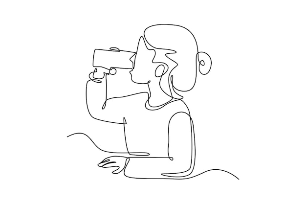 Une Seule Ligne Dessinant Une Petite Fille Buvant Un Verre D'eau Journée Mondiale De L'eau Concept Ligne Continue Dessiner Illustration Vectorielle Graphique