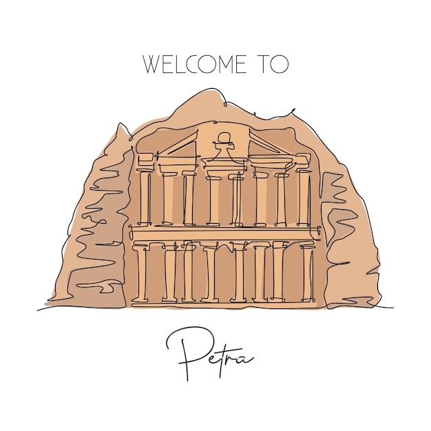 Une seule ligne dessinant le vieux temple d'Al Khazneh Petra, lieu célèbre en Jordanie, vecteur de conception