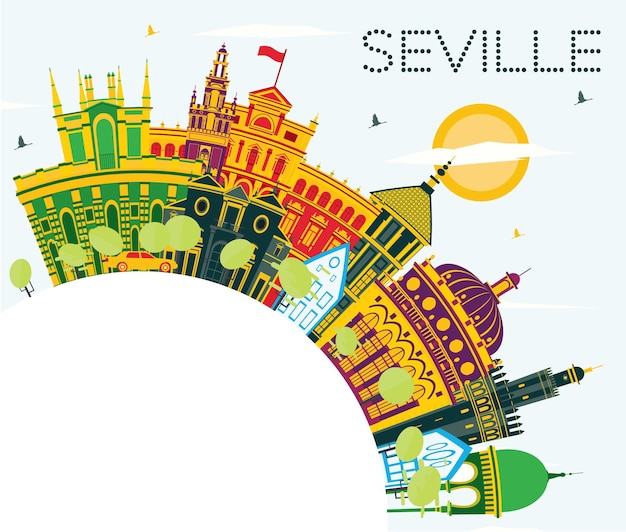 Séville Espagne City Skyline Avec Bâtiments De Couleur, Ciel Bleu Et Espace De Copie. Illustration Vectorielle. Concept De Voyage D'affaires Et De Tourisme Avec Des Bâtiments Historiques. Paysage Urbain De Séville Avec Des Points De Repère.