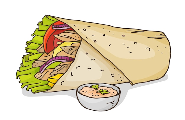 Shawarma Dessiné à La Main Sur Fond Blanc