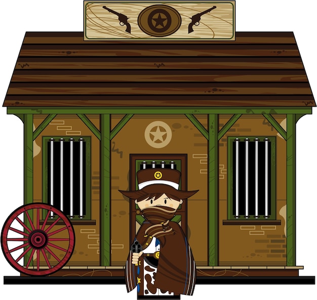 Shérif de cow-boy du Far West masqué de dessin animé mignon à la prison avec six pistolets de tir