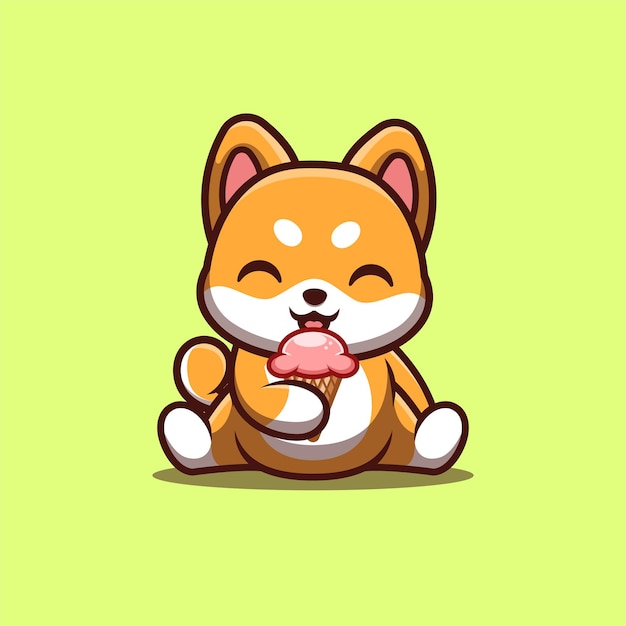 Shiba Inu Assis En Train De Manger Des Glaces Logo De Mascotte De Dessin Animé Kawaii Créatif Mignon