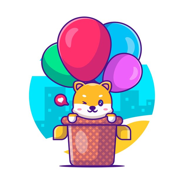 Shiba Mignon Volant Avec Ballon Cartoon Vector Illustration