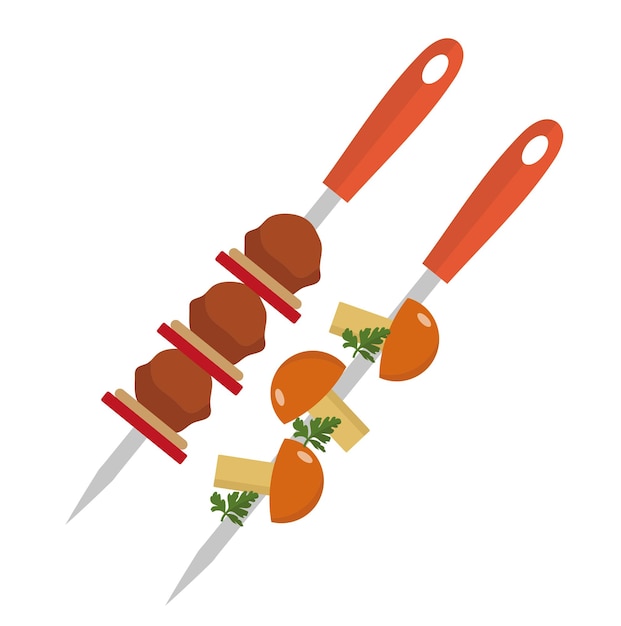 Shish kebab sur des brochettes avec style plat d'icône de porc et de champignons Isolé sur fond blanc Illustration vectorielle