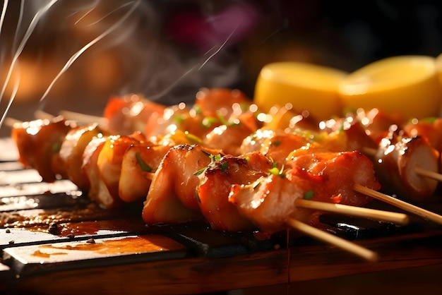 Shish kebab sur le grill viande grillée avec légumes shashlik kebab sur brochettes planche de cuisine en bois