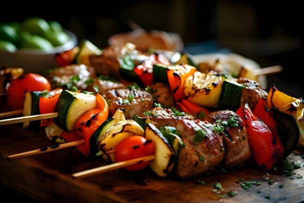 Vecteur shish kebab sur le grill viande grillée avec légumes shashlik kebab sur brochettes planche de cuisine en bois