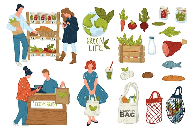 Shopping dans une boutique écologique, icônes isolées de personnes choisissant des légumes ou des cornichons. Caissier avec client achetant des produits écologiques. Sac en filet et toile, légumes et vecteur de viande dans un style plat