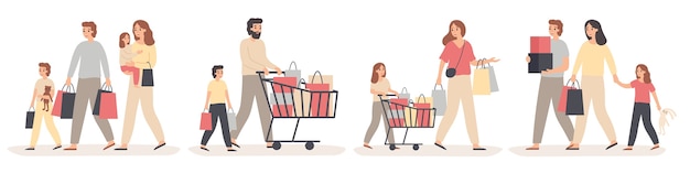 Shopping En Famille. Les Parents Achètent Des Cadeaux Pour Les Enfants Heureux, Les Jeunes Couples Avec Enfants En Magasin Et La Vente Familiale.