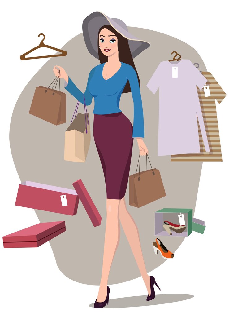 Vecteur shopping illustration fille dans une boutique. .