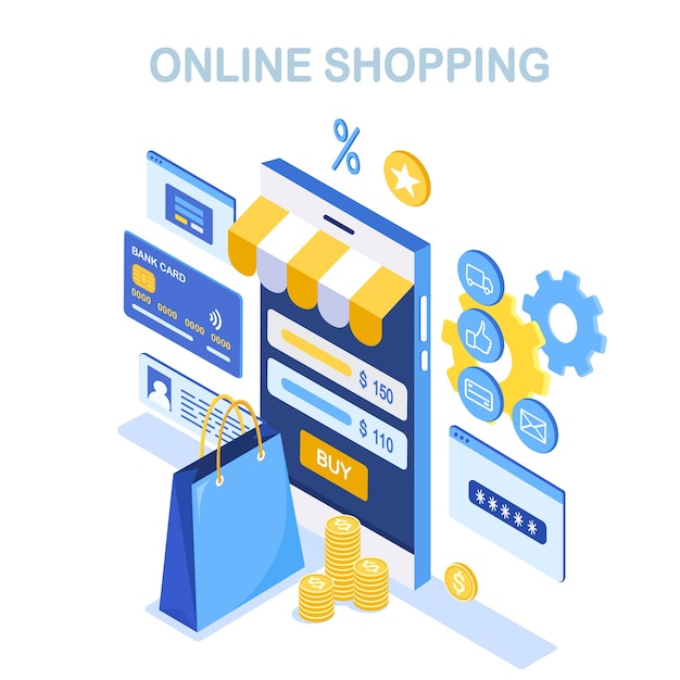 Shopping en ligne. Achetez en magasin par internet. Vente à rabais. Smartphone isométrique avec sac