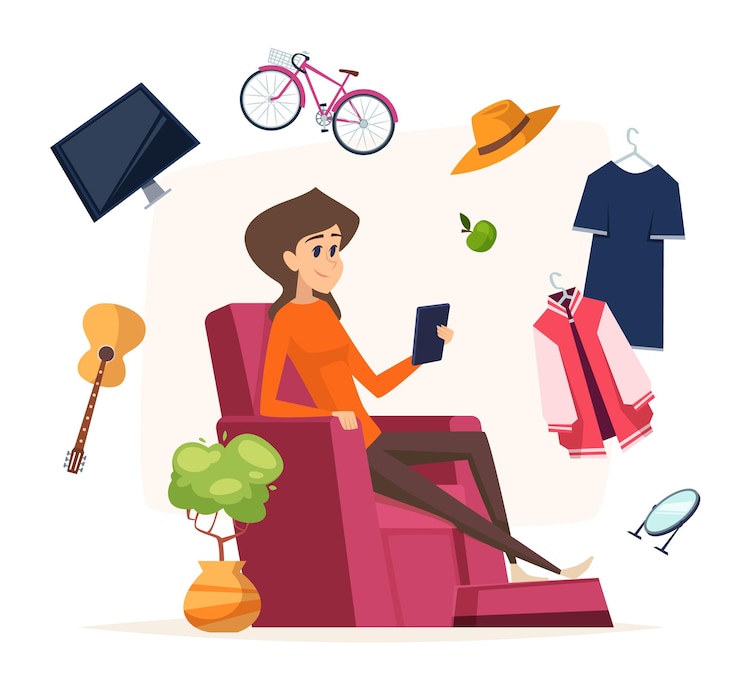 Vecteur shopping en ligne. femme avec smartphone acheter des choses différentes.
