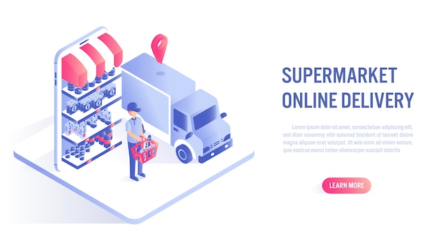 Vecteur shopping en supermarché concept en ligne. appel à l'action ou modèle de bannière web