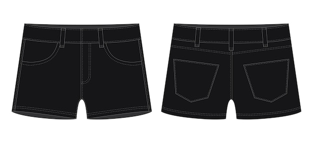 Vecteur short en jean avec poches croquis technique couleur noire modèle de conception de shorts en jeans pour enfants