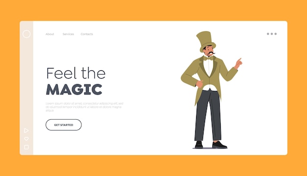 Vecteur showman magicien landing page template circus performer ringmaster character in top hat and vintage tailcoat costume