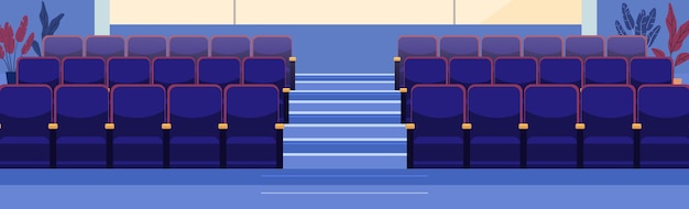 Des sièges de cinéma, un auditorium vide, une illustration intérieure, des rangées de chaises bleues et rouges avec une allée centrale et des plantes en arrière-plan.