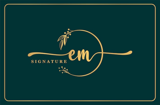 Signature Dorée De Luxe Initiale Em Logo Design Feuille Et Fleur Isolées