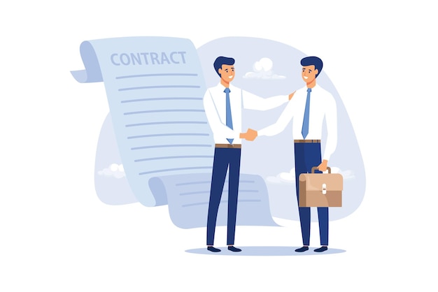 Vecteur signature du contrat poignée de main d'homme d'affaires avec le client tenant un stylo prêt à signer le contrat d'accord