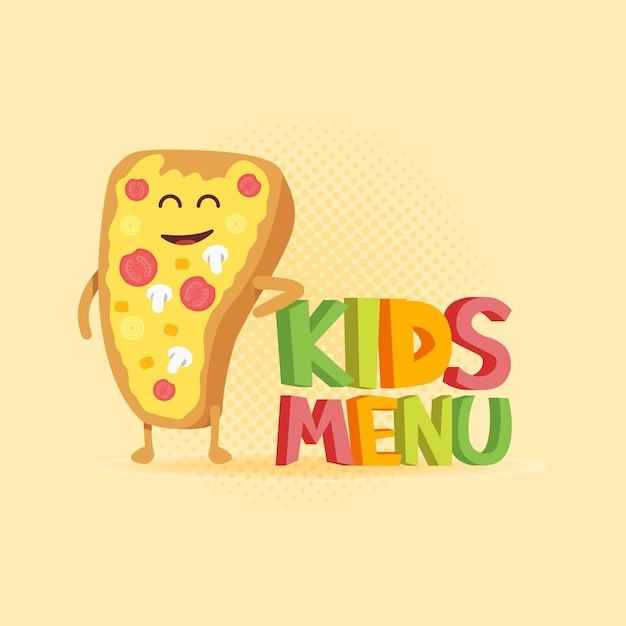 Signe 3d drôle de menu d'enfants avec des caractères de pizza.