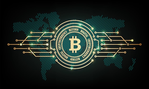 Un signe abstrait bitcoin avec le texte et la silhouette des continents