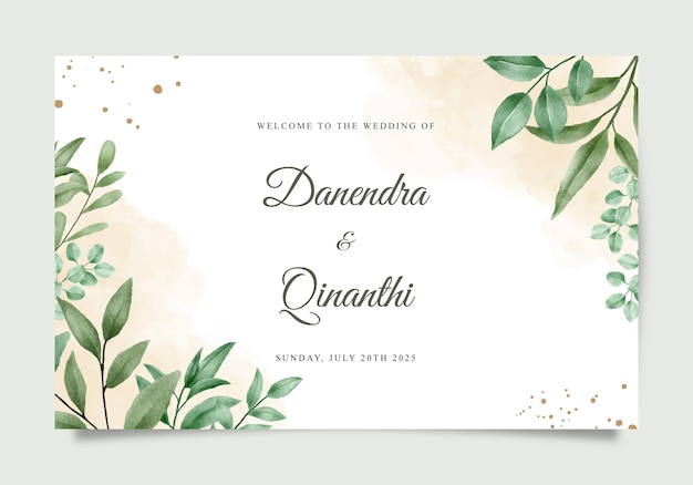Signe de bienvenue de mariage avec de belles feuilles vertes aquarelles