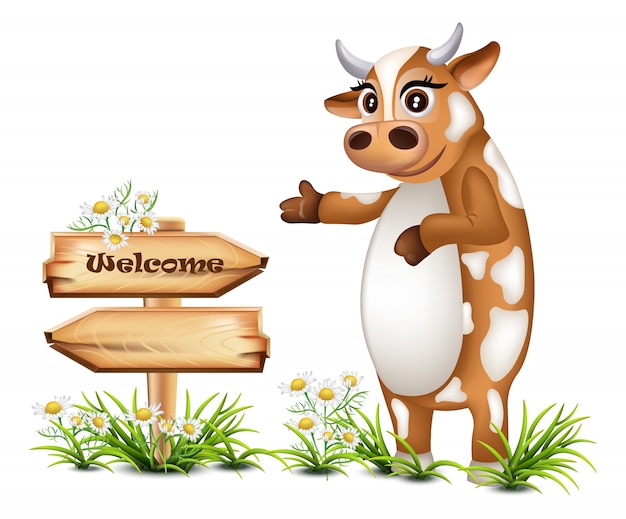 Signe De Bois De Bienvenue Avec Une Illustration De Vache Heureuse