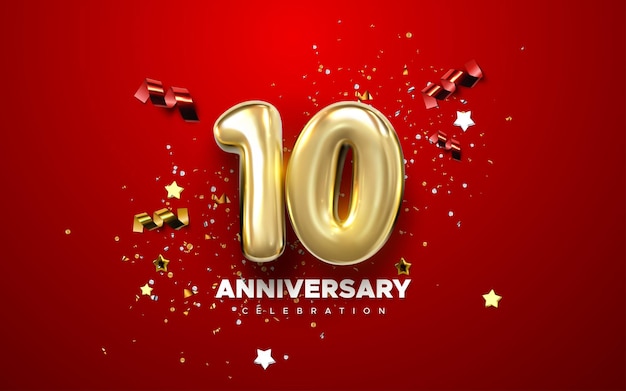 Signe De Célébration Du 10e Anniversaire Avec Nombre D'or 10 Et Confettis