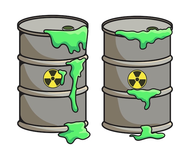 Vecteur signe dangereux toxique de baril de déchets radioactifs avec liquide autour de l'illustration des déchets nucléaires