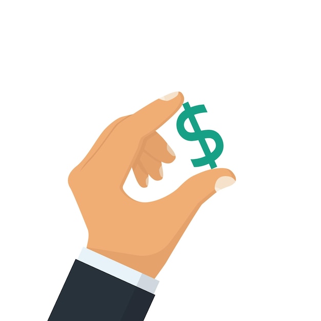 Signe dollar dans la main Design plat d'illustration vectorielle Isolé sur fond blanc Modèle pour les projets financiers Isolé sur fond blanc Tenir de l'argent dans la main