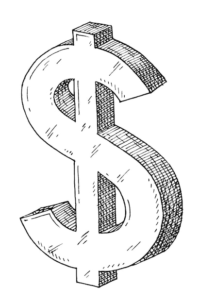 Vecteur signe dollar. illustration vectorielle vintage à couver monochrome noir. isolé sur fond blanc. conception d'encre dessinée à la main
