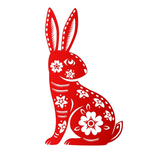 Signe Du Zodiaque Année Du Lapin Avec Art Découpé En Papier Rouge Sur Fond De Couleur Blanche