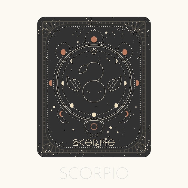 Vecteur signe du zodiaque carte scorpion symbole horoscope astrologique avec phases de lune icône or graphique dessin au trait