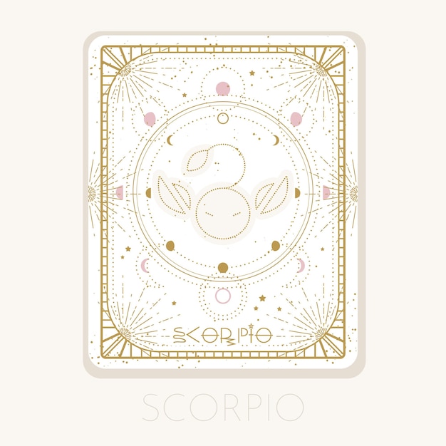 Vecteur signe du zodiaque carte scorpion symbole horoscope astrologique avec phases de lune icône or graphique dessin au trait